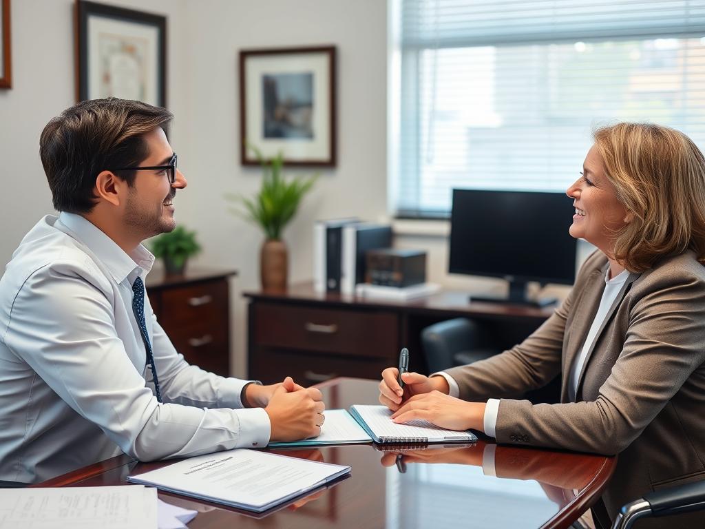 Attorney meeting with client in office discussing case details Attorney meeting with client in office discussing case details
