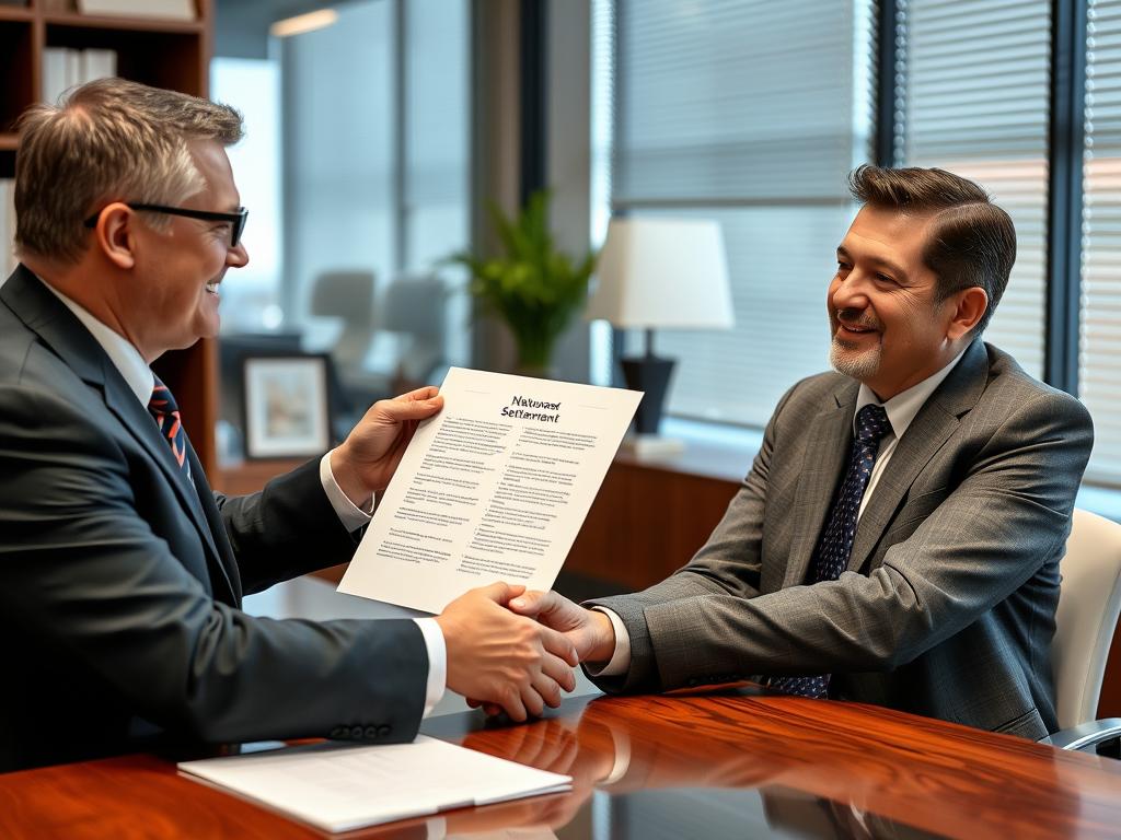Attorney reviewing settlement documents with satisfied client Attorney reviewing settlement documents with satisfied client