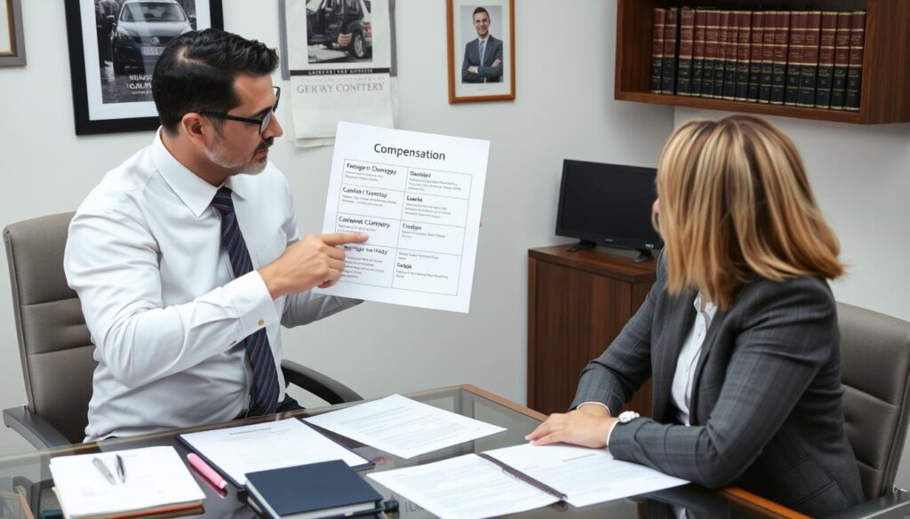 Car accident lawyer explaining compensation options to client Car accident lawyer explaining compensation options to client