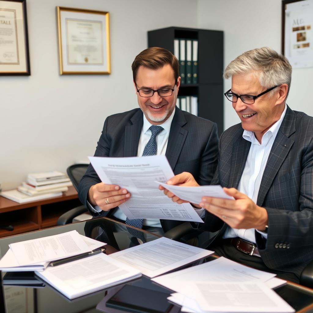 Car accident lawyer reviewing case results with client Car accident lawyer reviewing case results with client