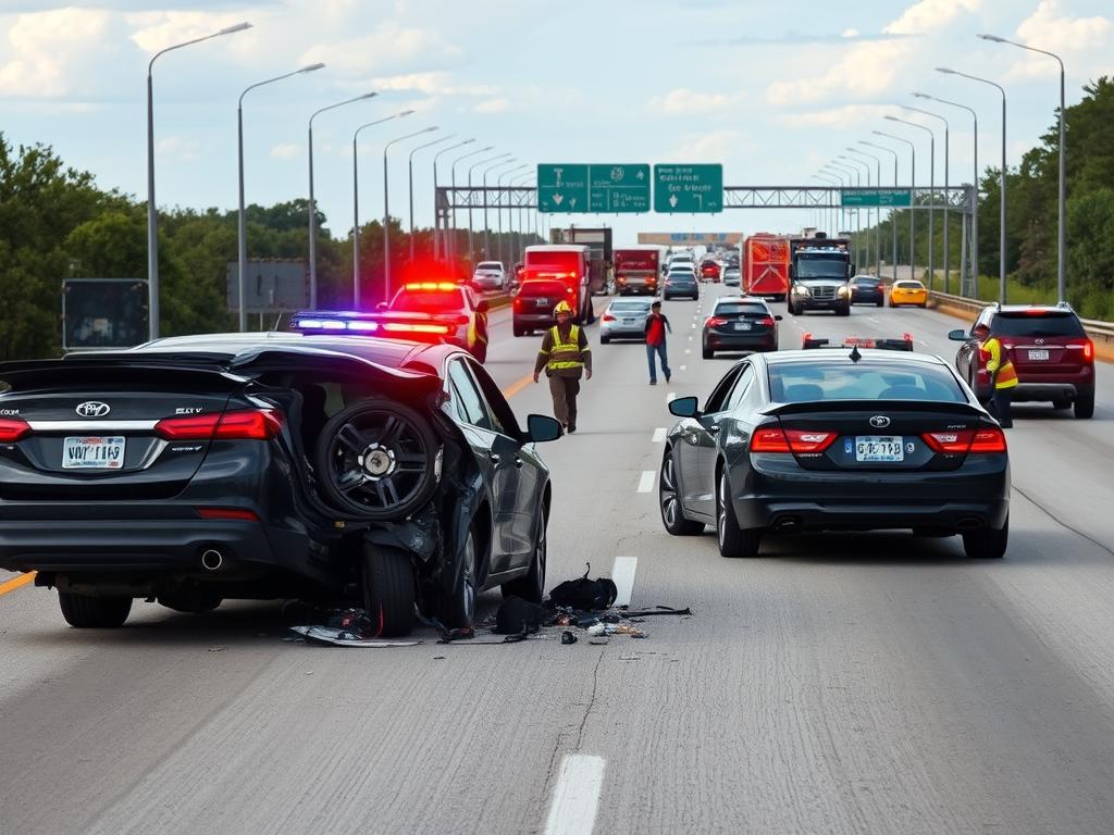 Car accident scene on Houston highway with emergency responders Car accident scene on Houston highway with emergency responders
