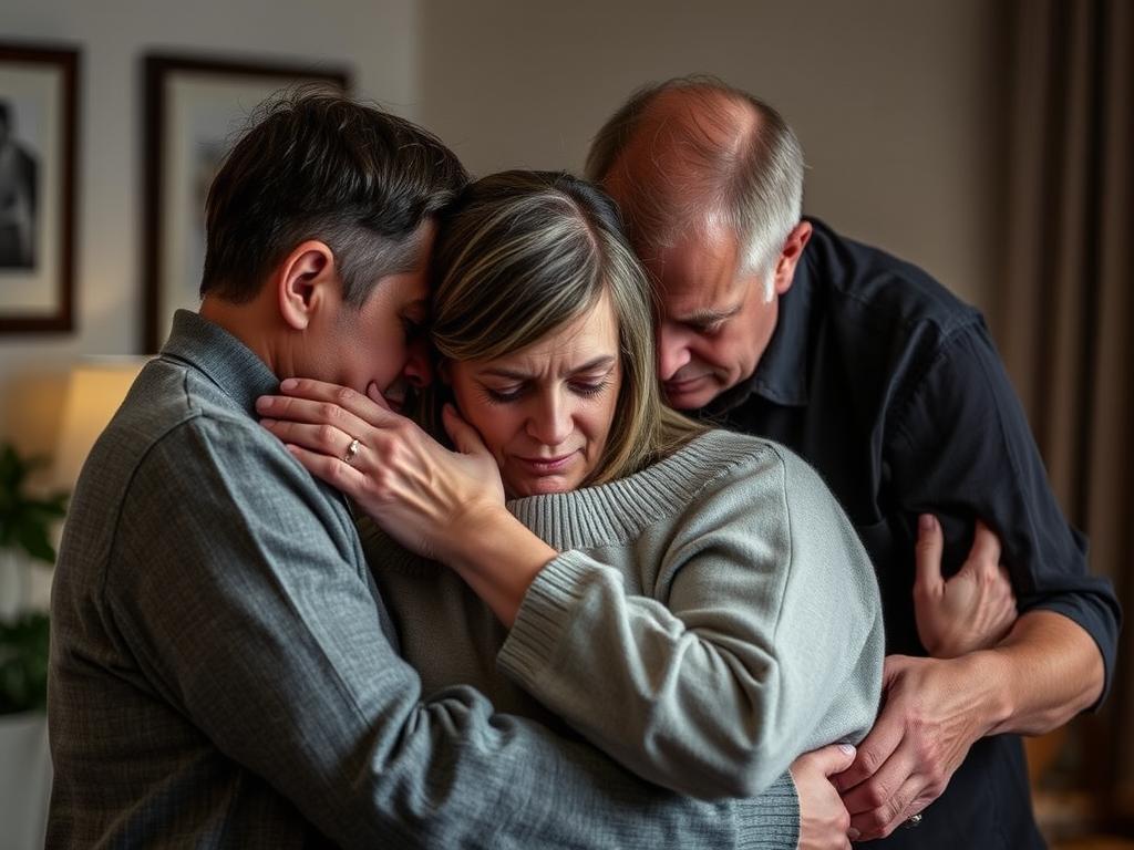 Family members consoling each other after loss of loved one Family members consoling each other after loss of loved one