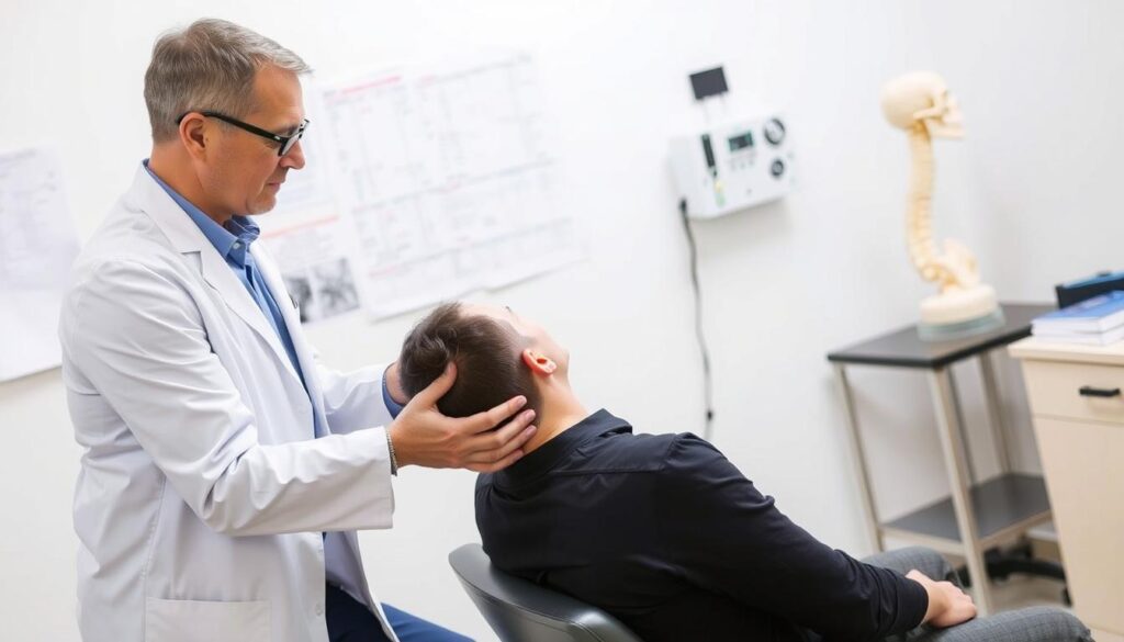 Medical professional examining patient with whiplash injury Medical professional examining patient with whiplash injury