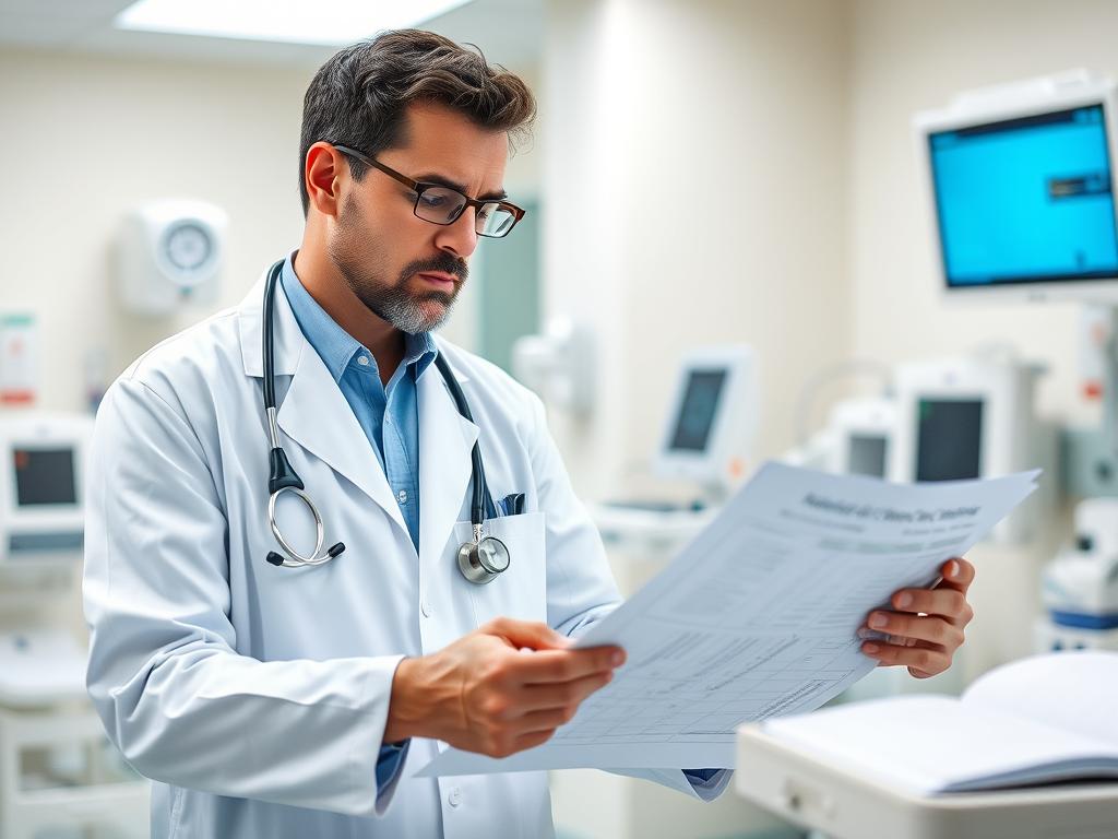 Medical professional reviewing patient charts in hospital setting Medical professional reviewing patient charts in hospital setting
