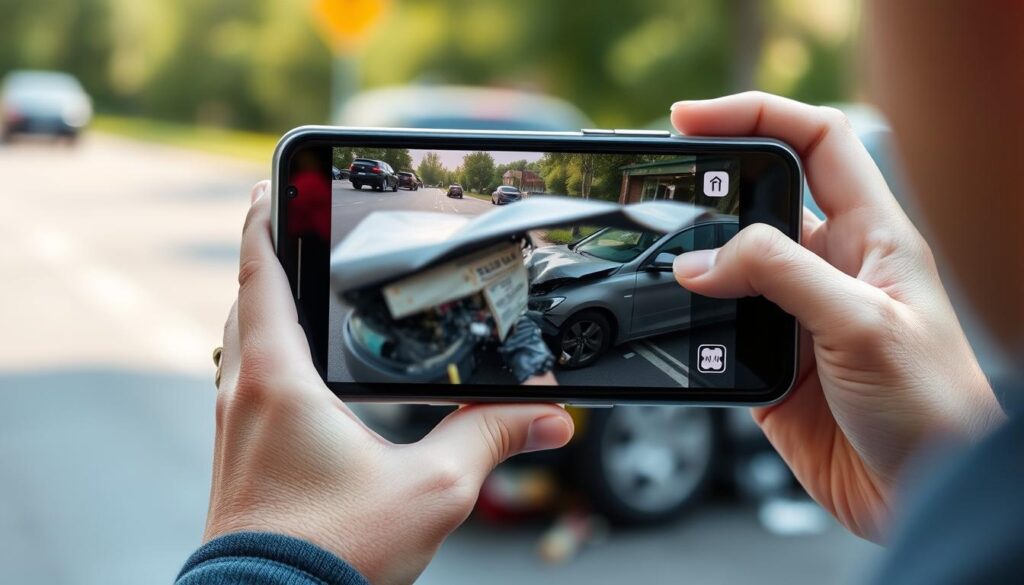 Person documenting accident scene with smartphone camera Person documenting accident scene with smartphone camera
