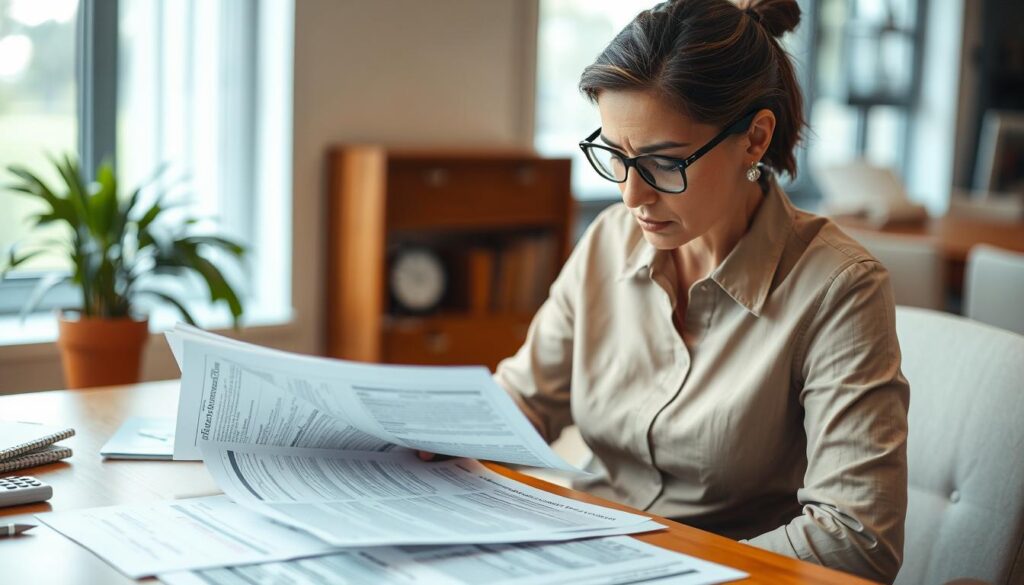Person reviewing insurance documents with caution Person reviewing insurance documents with caution
