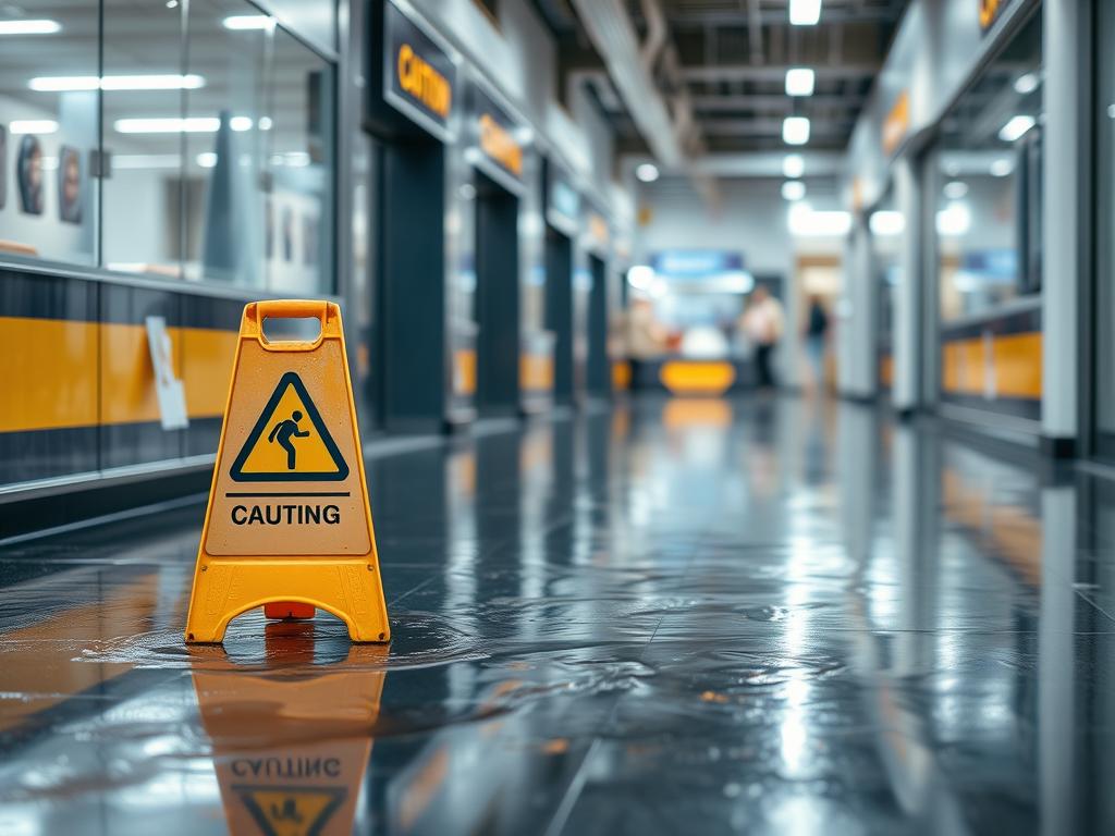 Wet floor hazard in commercial building causing slip and fall Wet floor hazard in commercial building causing slip and fall