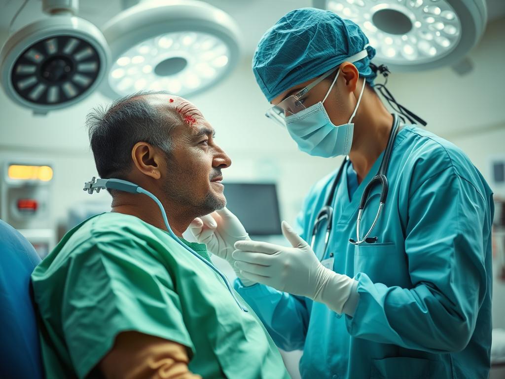 Medical professional examining patient with traumatic brain injury from truck accident Medical professional examining patient with traumatic brain injury from truck accident
