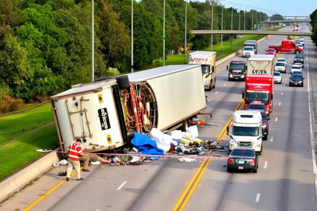Overturned commercial truck with spilled cargo on Houston roadway Overturned commercial truck with spilled cargo on Houston roadway