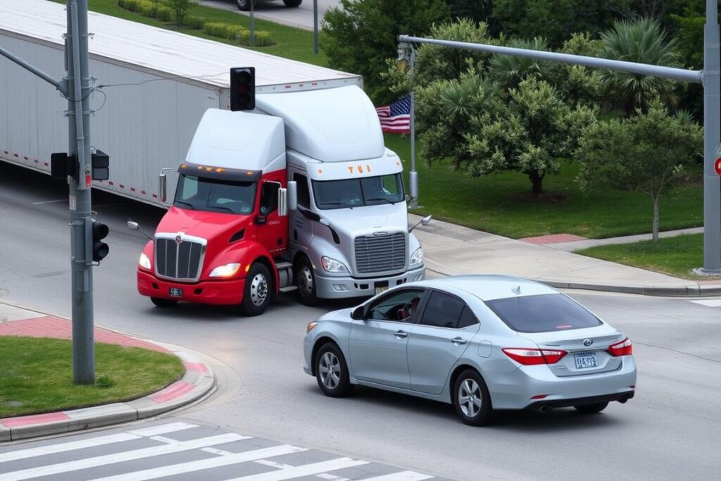 Wide turn accident involving commercial truck in Houston intersection Wide turn accident involving commercial truck in Houston intersection
