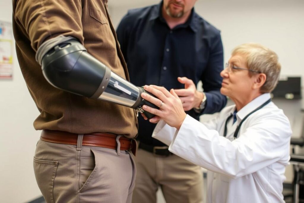 Worker with prosthetic limb after workplace machinery accident Worker with prosthetic limb after workplace machinery accident
