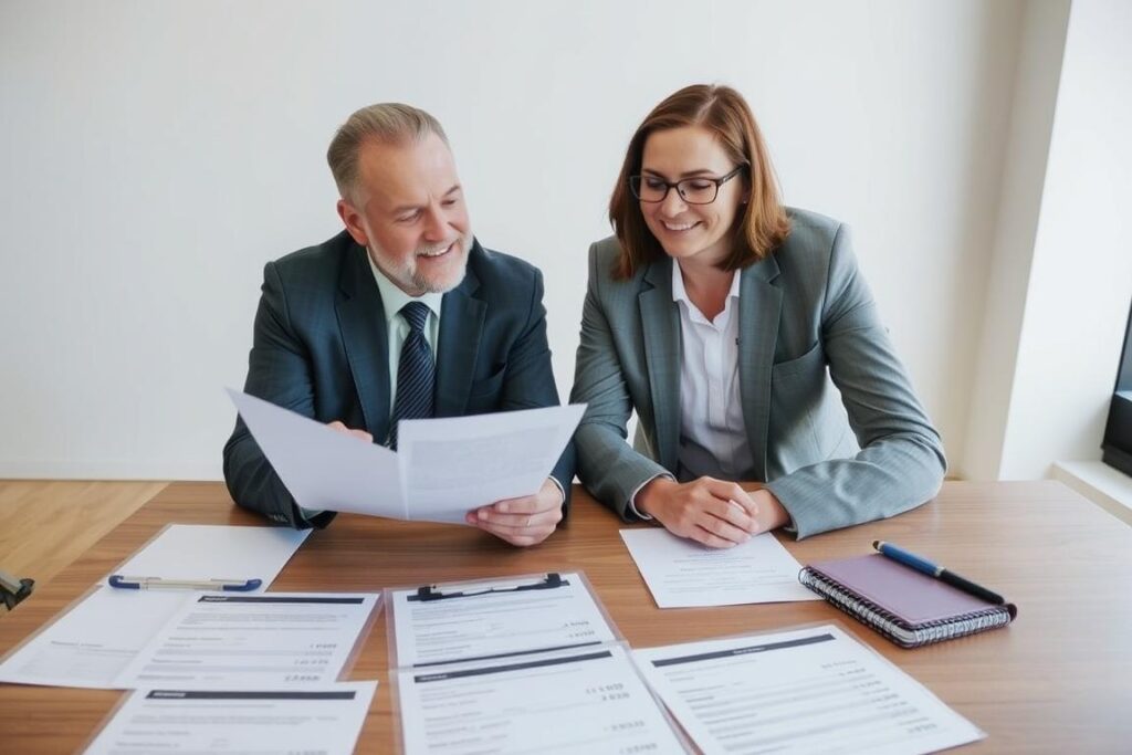 Construction accidents lawyer reviewing successful case results with client Construction accidents lawyer reviewing successful case results with client