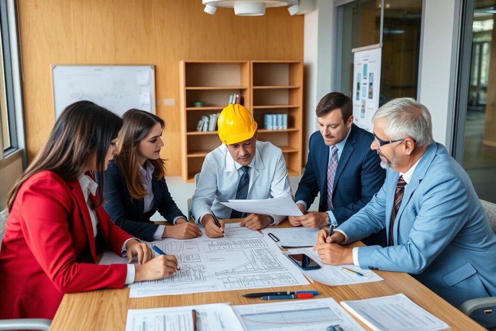 Construction accidents lawyer team collaborating with safety experts on case strategy Construction accidents lawyer team collaborating with safety experts on case strategy
