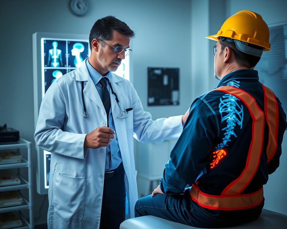 Construction worker with back injury being examined by medical professional Construction worker with back injury being examined by medical professional