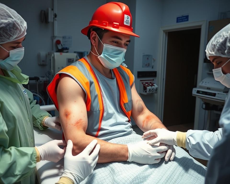 Construction worker with severe burn injuries receiving medical treatment Construction worker with severe burn injuries receiving medical treatment