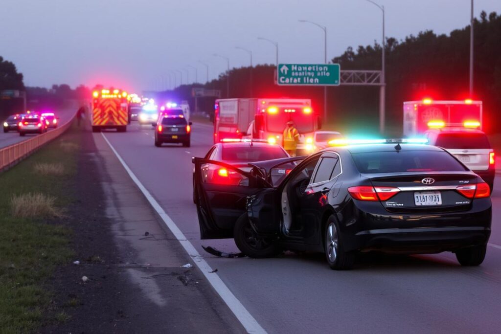 Aftermath of a fatal car accident on Houston highway with emergency responders Aftermath of a fatal car accident on Houston highway with emergency responders