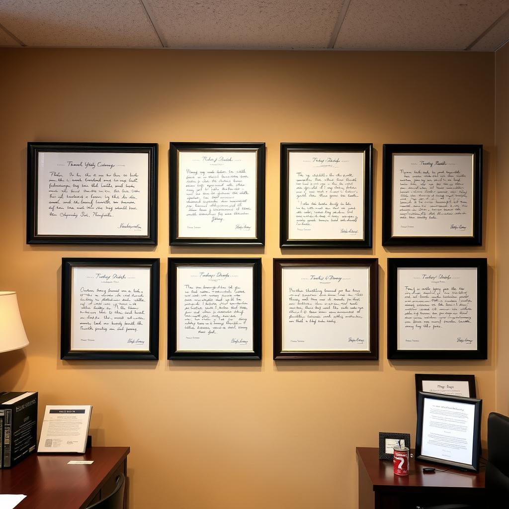 Client testimonials for Houston wrongful death lawyer displayed in office Client testimonials for Houston wrongful death lawyer displayed in office