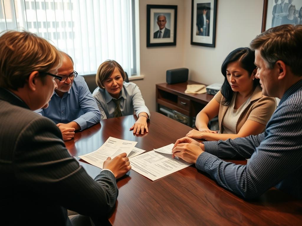 Family reviewing wrongful death claim documents with attorney Family reviewing wrongful death claim documents with attorney