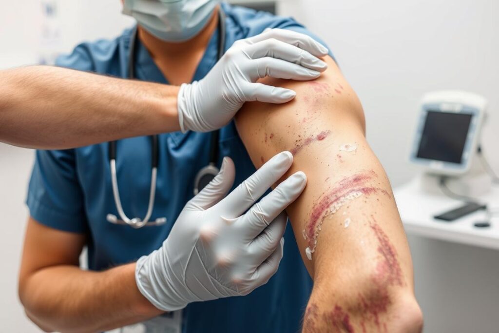 Medical professional examining road rash injuries on motorcycle accident victim Medical professional examining road rash injuries on motorcycle accident victim