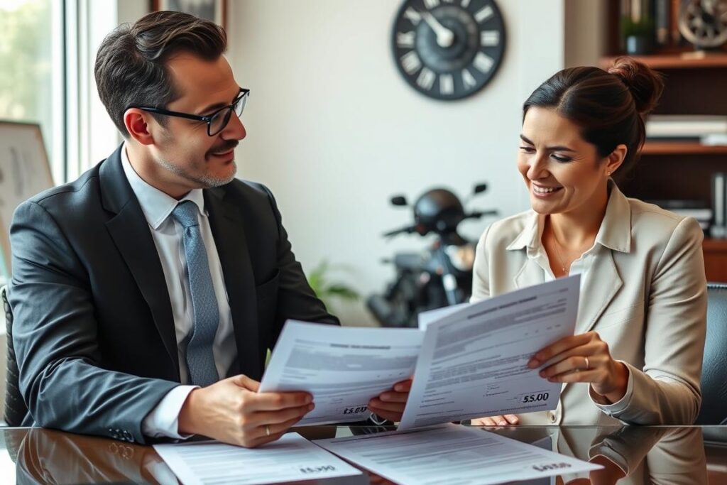 Motorcycle accident lawyer reviewing successful case results with client Motorcycle accident lawyer reviewing successful case results with client