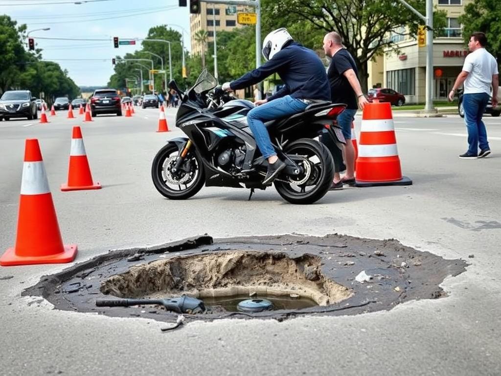 Motorcycle road hazard accident on poorly maintained Houston road Motorcycle road hazard accident on poorly maintained Houston road